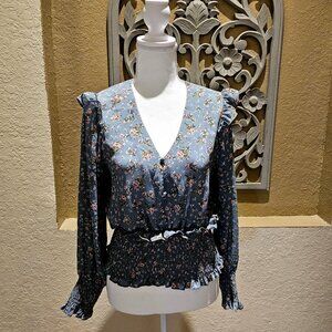 Milk & Honey  Teal Floral Smocked Waist M Top Frenchy Boho Retro Ditsy Romantic